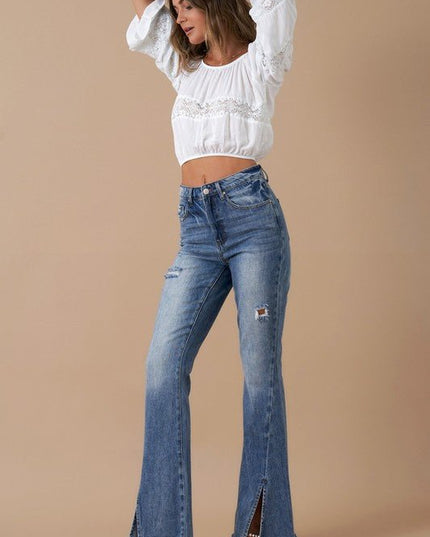 INSANE GENE HIGH RISE SLIT HEM FLARED JEANS - Sleekdenim.com