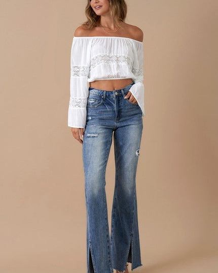 INSANE GENE HIGH RISE SLIT HEM FLARED JEANS - Sleekdenim.com