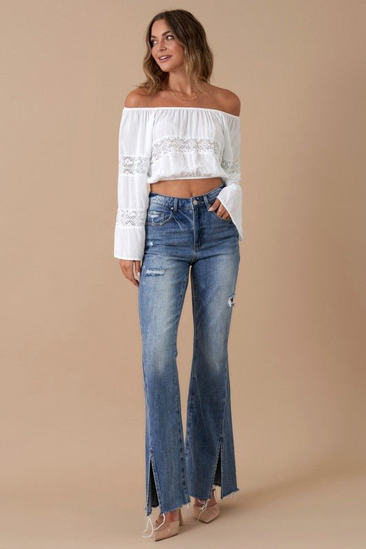 INSANE GENE HIGH RISE SLIT HEM FLARED JEANS - Sleekdenim.com