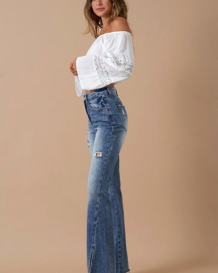 INSANE GENE HIGH RISE SLIT HEM FLARED JEANS - Sleekdenim.com