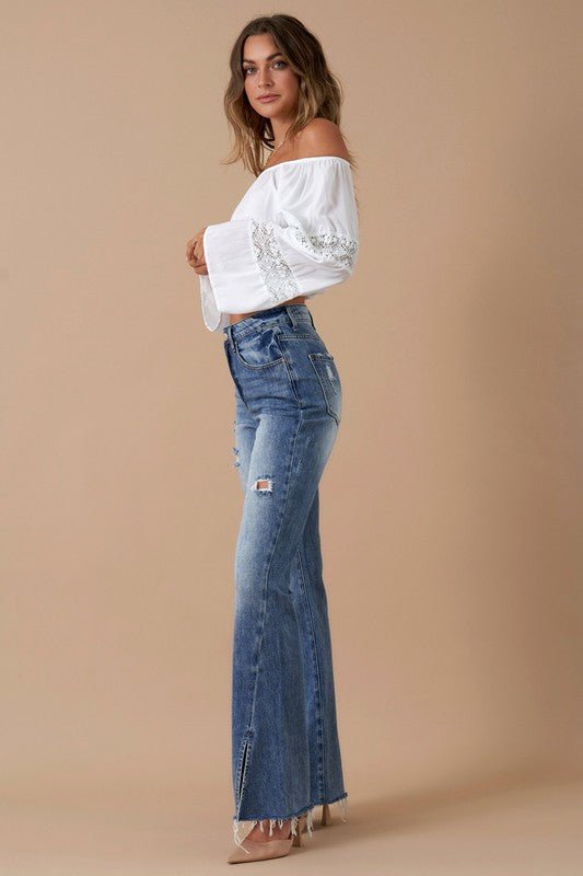 INSANE GENE HIGH RISE SLIT HEM FLARED JEANS - Sleekdenim.com