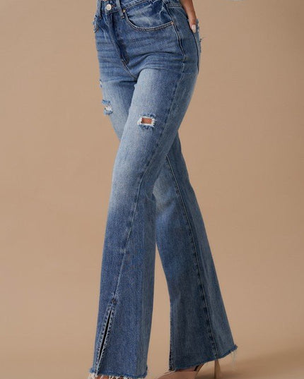 INSANE GENE HIGH RISE SLIT HEM FLARED JEANS - Sleekdenim.com