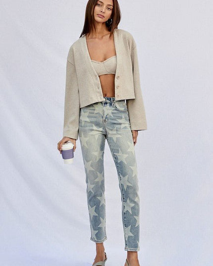 INSANE GENE HIGH RISE STAR PRINTED ANKLE LENGTH GIRLFRIEND JEANS - Sleekdenim.com