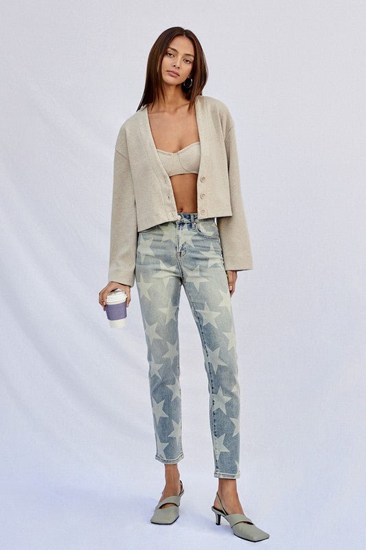 INSANE GENE HIGH RISE STAR PRINTED ANKLE LENGTH GIRLFRIEND JEANS - Sleekdenim.com