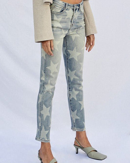INSANE GENE HIGH RISE STAR PRINTED ANKLE LENGTH GIRLFRIEND JEANS - Sleekdenim.com