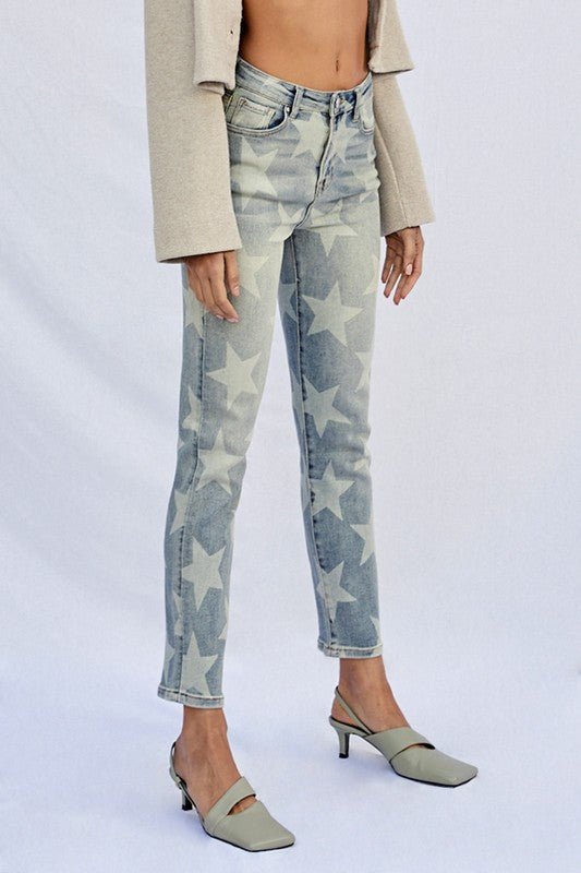 INSANE GENE HIGH RISE STAR PRINTED ANKLE LENGTH GIRLFRIEND JEANS - Sleekdenim.com