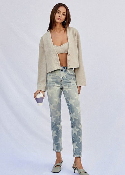 INSANE GENE HIGH RISE STAR PRINTED ANKLE LENGTH GIRLFRIEND JEANS - Sleekdenim.com