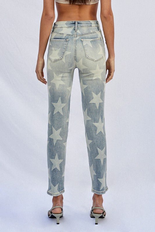 INSANE GENE HIGH RISE STAR PRINTED ANKLE LENGTH GIRLFRIEND JEANS - Sleekdenim.com