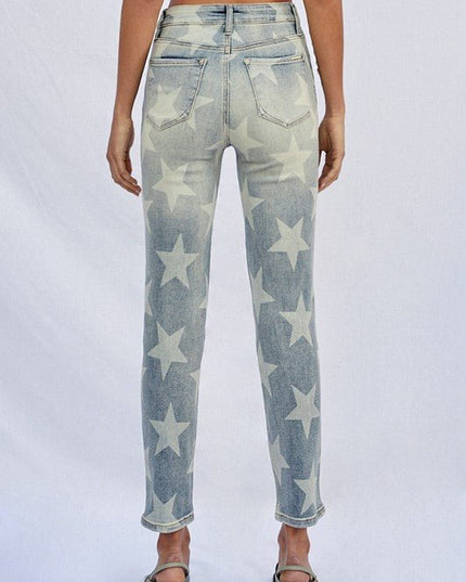INSANE GENE HIGH RISE STAR PRINTED ANKLE LENGTH GIRLFRIEND JEANS - Sleekdenim.com