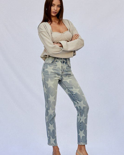 INSANE GENE HIGH RISE STAR PRINTED ANKLE LENGTH GIRLFRIEND JEANS - Sleekdenim.com