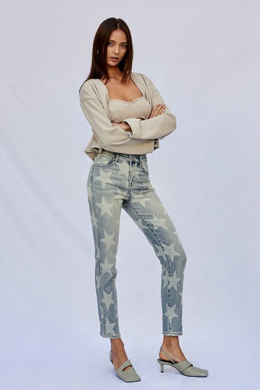 INSANE GENE HIGH RISE STAR PRINTED ANKLE LENGTH GIRLFRIEND JEANS - Sleekdenim.com