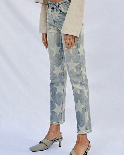 INSANE GENE HIGH RISE STAR PRINTED ANKLE LENGTH GIRLFRIEND JEANS - Sleekdenim.com