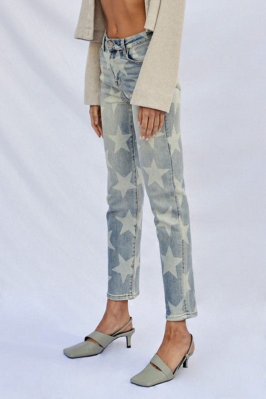 INSANE GENE HIGH RISE STAR PRINTED ANKLE LENGTH GIRLFRIEND JEANS - Sleekdenim.com