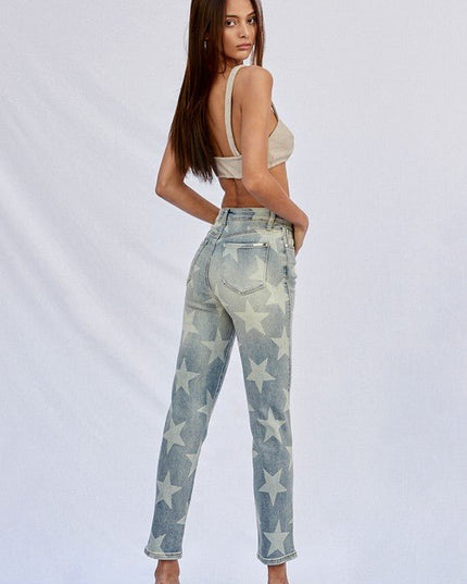 INSANE GENE HIGH RISE STAR PRINTED ANKLE LENGTH GIRLFRIEND JEANS - Sleekdenim.com