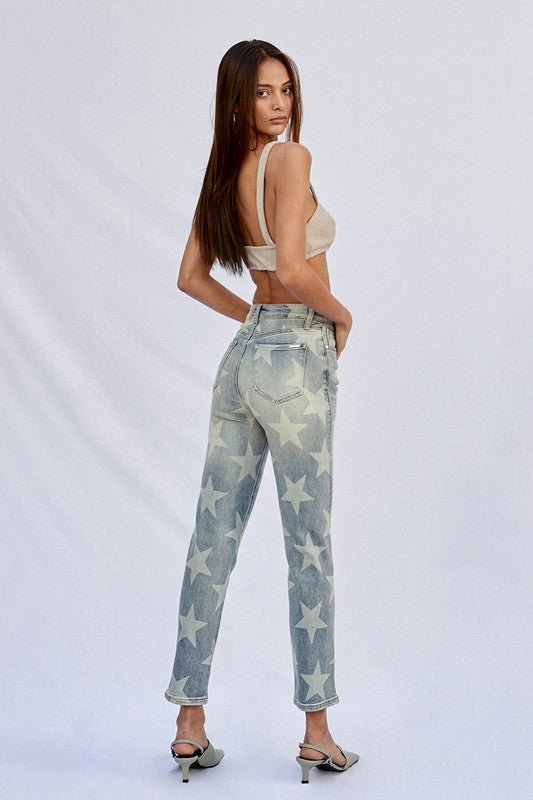 INSANE GENE HIGH RISE STAR PRINTED ANKLE LENGTH GIRLFRIEND JEANS - Sleekdenim.com