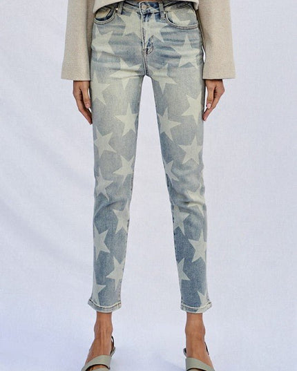 INSANE GENE HIGH RISE STAR PRINTED ANKLE LENGTH GIRLFRIEND JEANS - Sleekdenim.com
