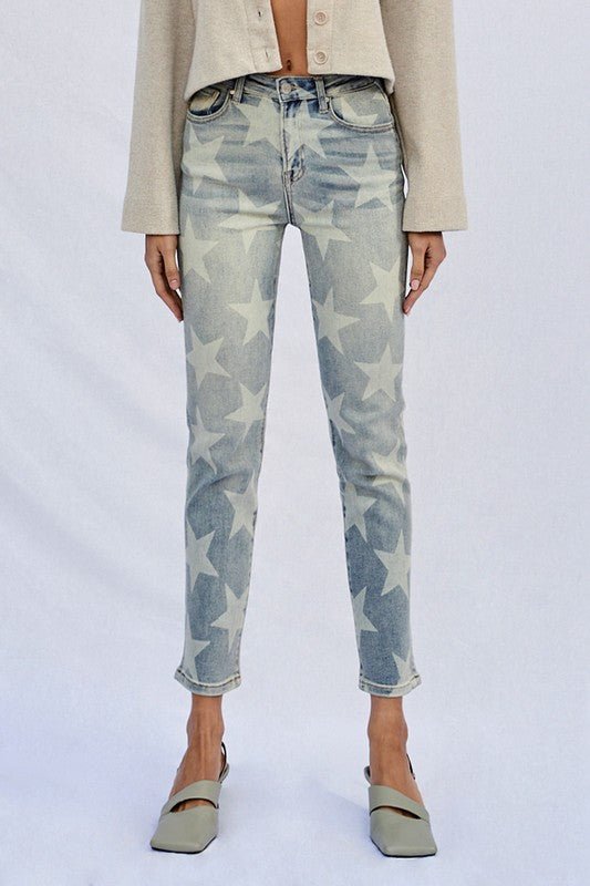 INSANE GENE HIGH RISE STAR PRINTED ANKLE LENGTH GIRLFRIEND JEANS - Sleekdenim.com