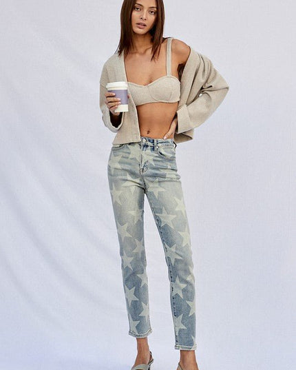 INSANE GENE HIGH RISE STAR PRINTED ANKLE LENGTH GIRLFRIEND JEANS - Sleekdenim.com