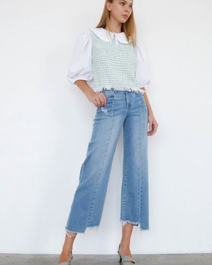 INSANE GENE HIGH RISE WIDE LEG FRAYED HEM ANKLE LENGTH JEANS - Sleekdenim.com