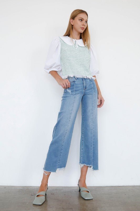 INSANE GENE HIGH RISE WIDE LEG FRAYED HEM ANKLE LENGTH JEANS - Sleekdenim.com