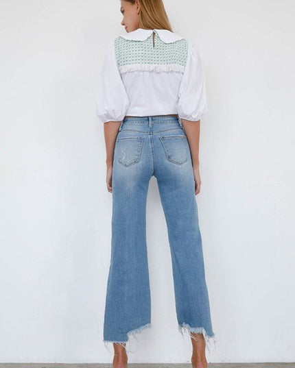 INSANE GENE HIGH RISE WIDE LEG FRAYED HEM ANKLE LENGTH JEANS - Sleekdenim.com
