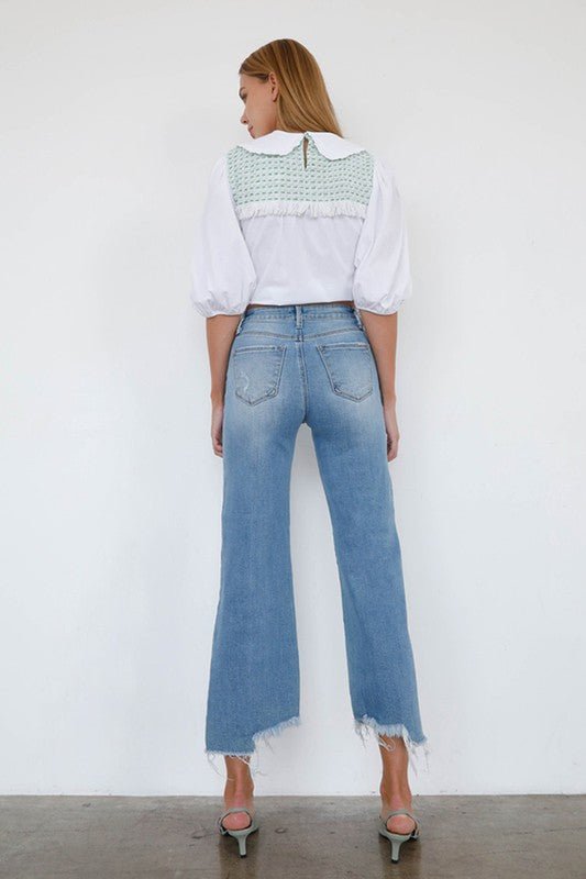 INSANE GENE HIGH RISE WIDE LEG FRAYED HEM ANKLE LENGTH JEANS - Sleekdenim.com