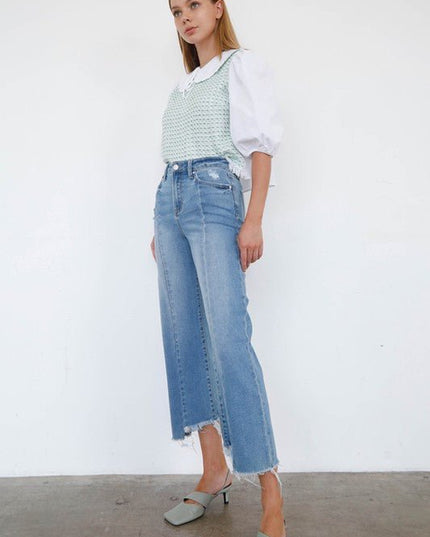 INSANE GENE HIGH RISE WIDE LEG FRAYED HEM ANKLE LENGTH JEANS - Sleekdenim.com