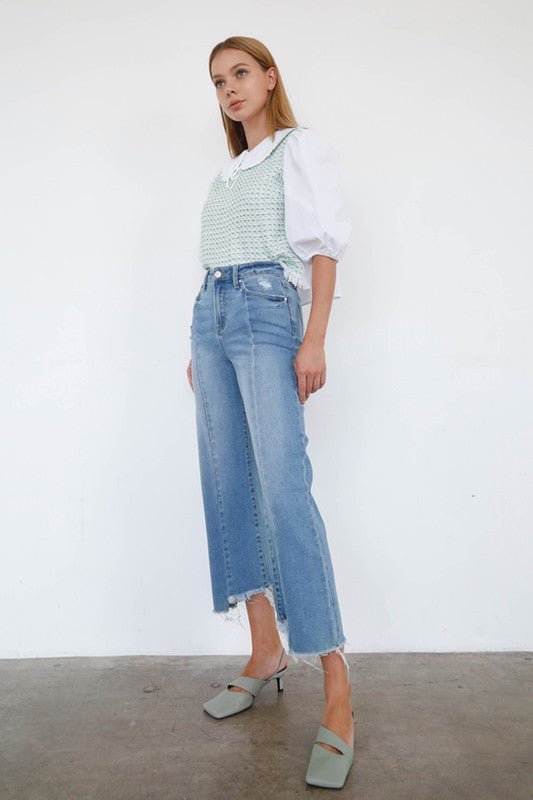 INSANE GENE HIGH RISE WIDE LEG FRAYED HEM ANKLE LENGTH JEANS - Sleekdenim.com