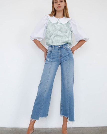 INSANE GENE HIGH RISE WIDE LEG FRAYED HEM ANKLE LENGTH JEANS - Sleekdenim.com