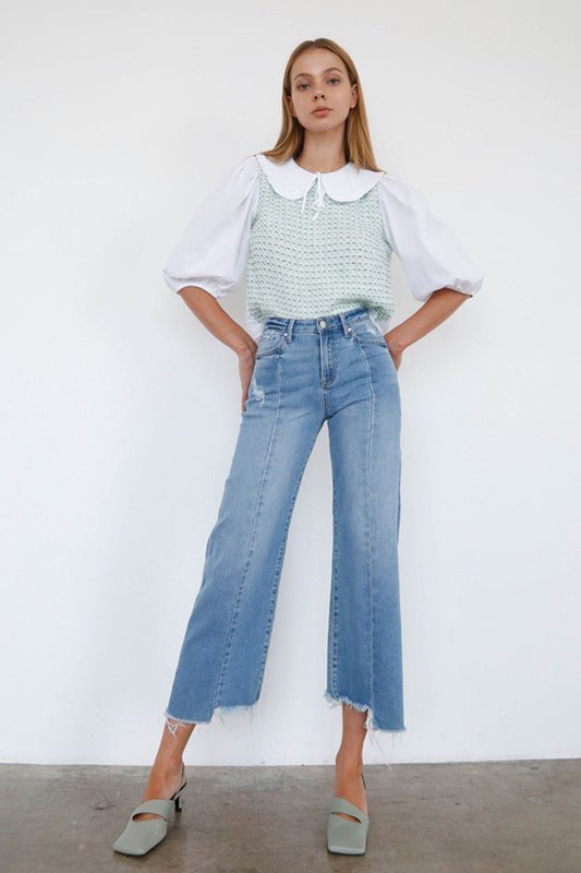 INSANE GENE HIGH RISE WIDE LEG FRAYED HEM ANKLE LENGTH JEANS - Sleekdenim.com