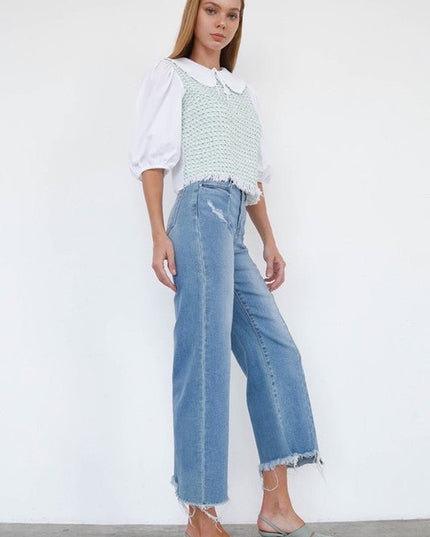 INSANE GENE HIGH RISE WIDE LEG FRAYED HEM ANKLE LENGTH JEANS - Sleekdenim.com