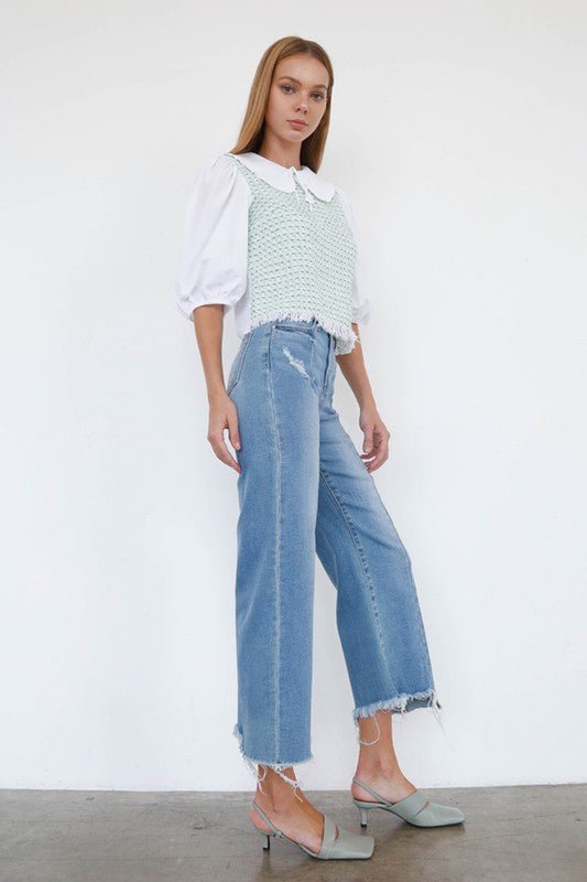 INSANE GENE HIGH RISE WIDE LEG FRAYED HEM ANKLE LENGTH JEANS - Sleekdenim.com