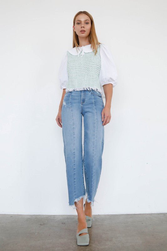 INSANE GENE HIGH RISE WIDE LEG FRAYED HEM ANKLE LENGTH JEANS - Sleekdenim.com
