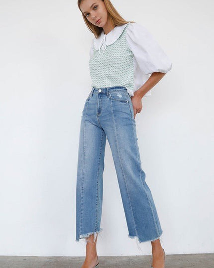 INSANE GENE HIGH RISE WIDE LEG FRAYED HEM ANKLE LENGTH JEANS - Sleekdenim.com