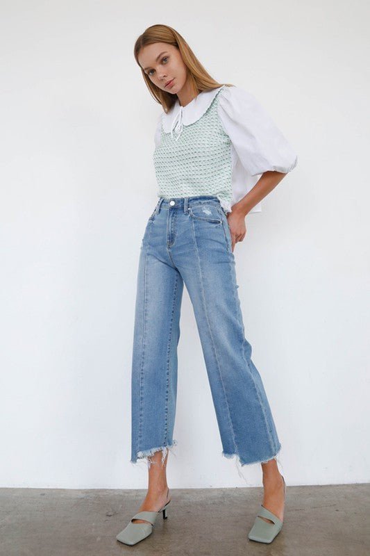 INSANE GENE HIGH RISE WIDE LEG FRAYED HEM ANKLE LENGTH JEANS - Sleekdenim.com
