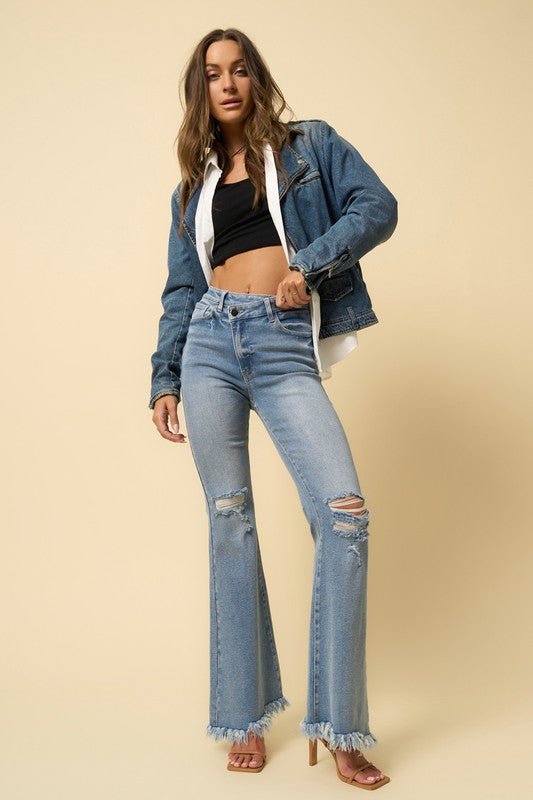INSANE GENE HIGH WAIST CROSSOVER WIDE FLARE JEANS - Sleekdenim.com