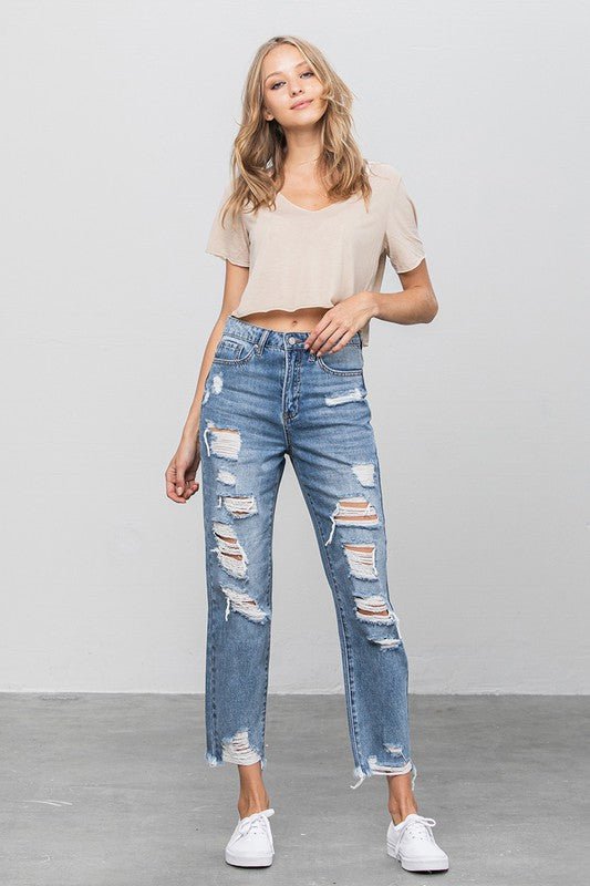 INSANE GENE HIGH WAIST HEAVY DISTRESSED ANKLE LENGTH GIRLFRIEND JEANS - Sleekdenim.com