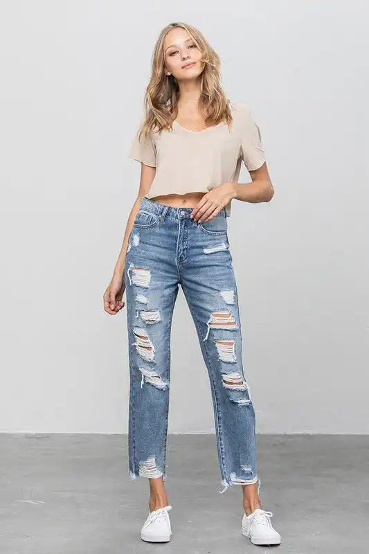 INSANE GENE HIGH WAIST HEAVY DISTRESSED ANKLE LENGTH GIRLFRIEND JEANS - Sleekdenim.com