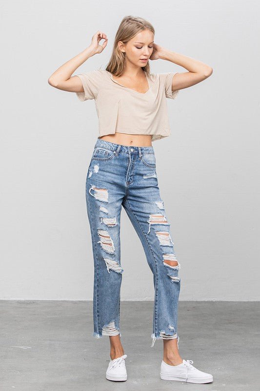 INSANE GENE HIGH WAIST HEAVY DISTRESSED ANKLE LENGTH GIRLFRIEND JEANS - Sleekdenim.com