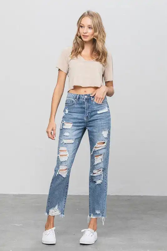 INSANE GENE HIGH WAIST HEAVY DISTRESSED ANKLE LENGTH GIRLFRIEND JEANS - Sleekdenim.com
