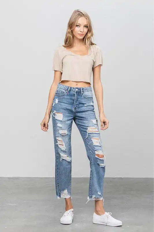 INSANE GENE HIGH WAIST HEAVY DISTRESSED ANKLE LENGTH GIRLFRIEND JEANS - Sleekdenim.com