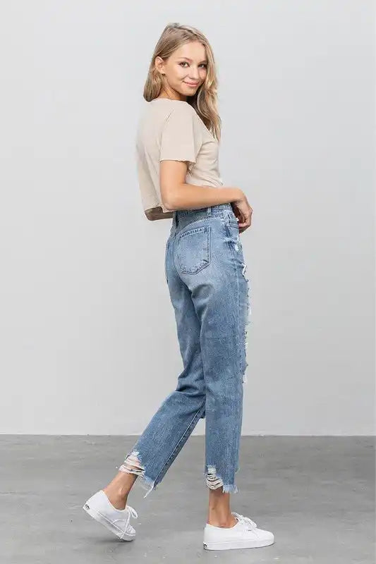 INSANE GENE HIGH WAIST HEAVY DISTRESSED ANKLE LENGTH GIRLFRIEND JEANS - Sleekdenim.com