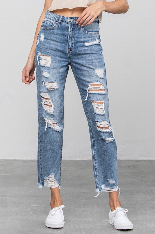 INSANE GENE HIGH WAIST HEAVY DISTRESSED ANKLE LENGTH GIRLFRIEND JEANS - Sleekdenim.com