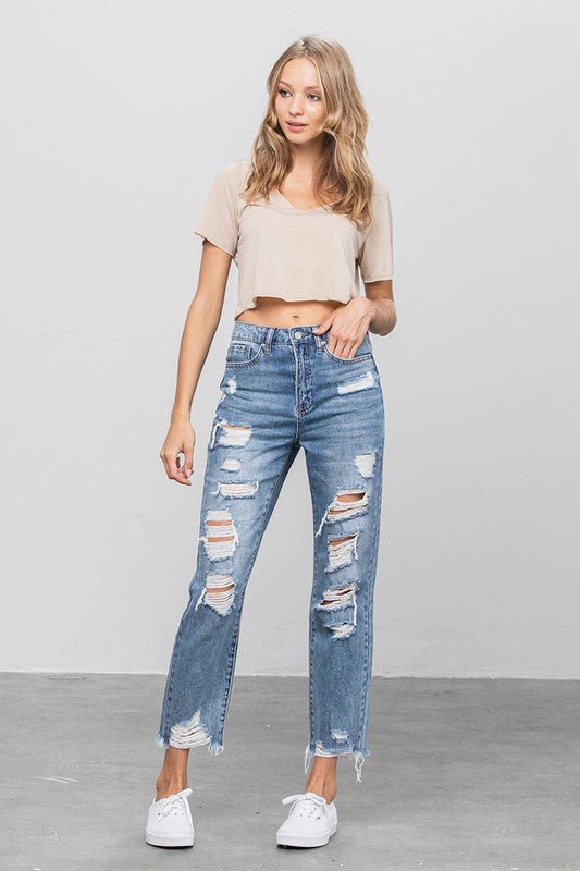 INSANE GENE HIGH WAIST HEAVY DISTRESSED ANKLE LENGTH GIRLFRIEND JEANS - Sleekdenim.com