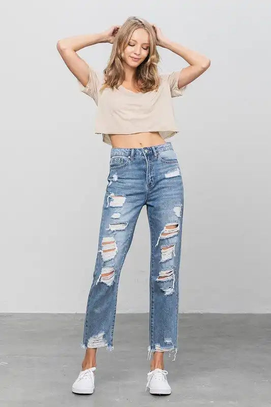 INSANE GENE HIGH WAIST HEAVY DISTRESSED ANKLE LENGTH GIRLFRIEND JEANS - Sleekdenim.com