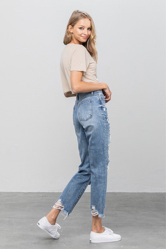INSANE GENE HIGH WAIST HEAVY DISTRESSED ANKLE LENGTH GIRLFRIEND JEANS - Sleekdenim.com