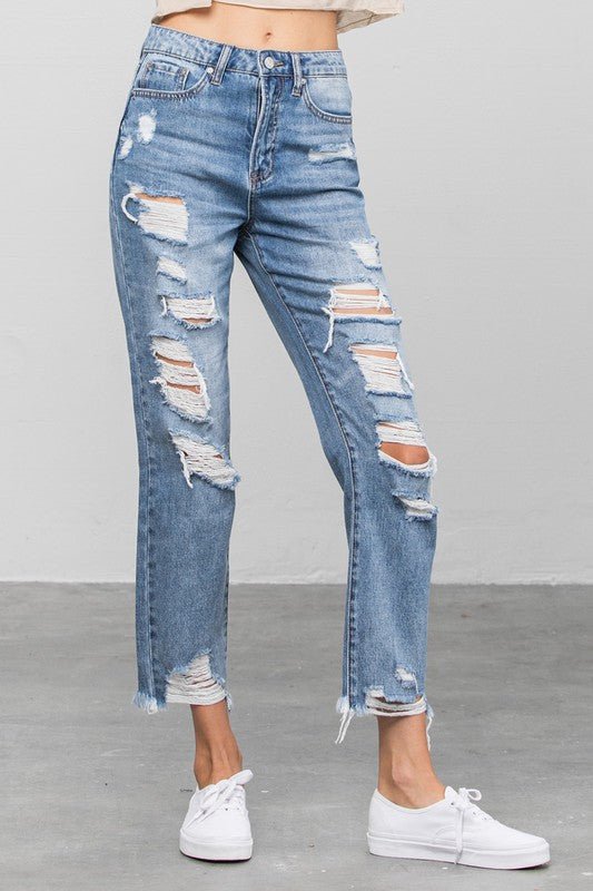 INSANE GENE HIGH WAIST HEAVY DISTRESSED ANKLE LENGTH GIRLFRIEND JEANS - Sleekdenim.com