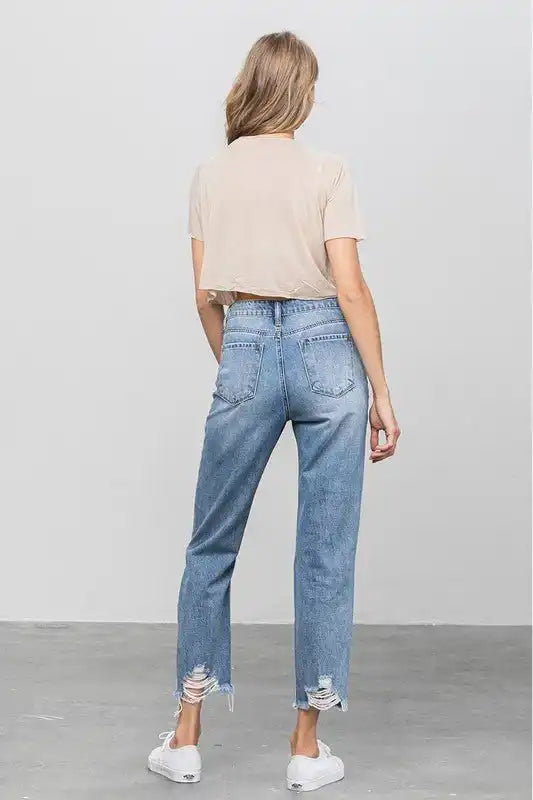 INSANE GENE HIGH WAIST HEAVY DISTRESSED ANKLE LENGTH GIRLFRIEND JEANS - Sleekdenim.com