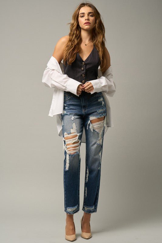 INSANE GENE HIGH WAIST STRAIGHT LEG HEAVY DESTROYED JEANS - Sleekdenim.com