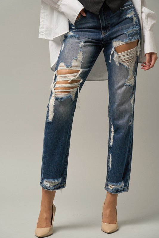 INSANE GENE HIGH WAIST STRAIGHT LEG HEAVY DESTROYED JEANS - Sleekdenim.com